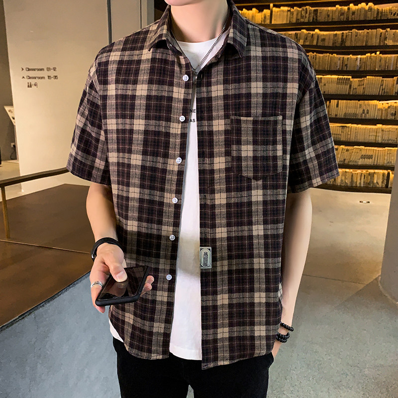 可代发男士港风格子短袖衬衫韩版宽松青少年衬衣男1301-CS110-P26,男装衬衫,星座1301