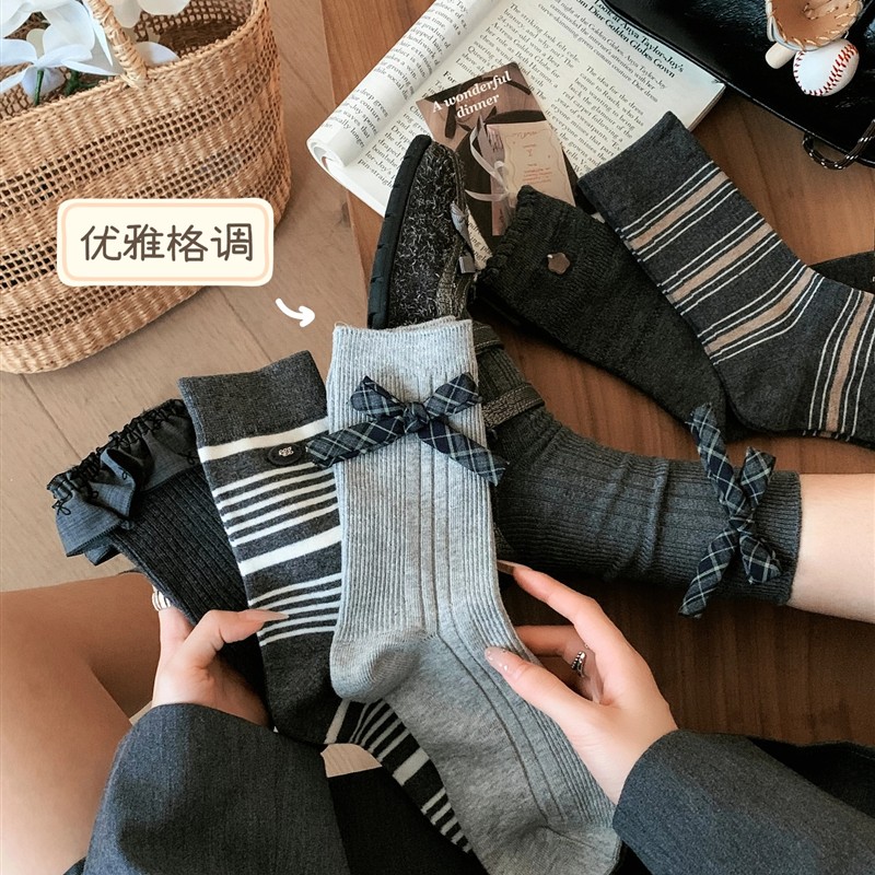 条纹蝴蝶结袜子女中筒袜春秋季款棉袜韩国日系ins潮小皮鞋长筒袜