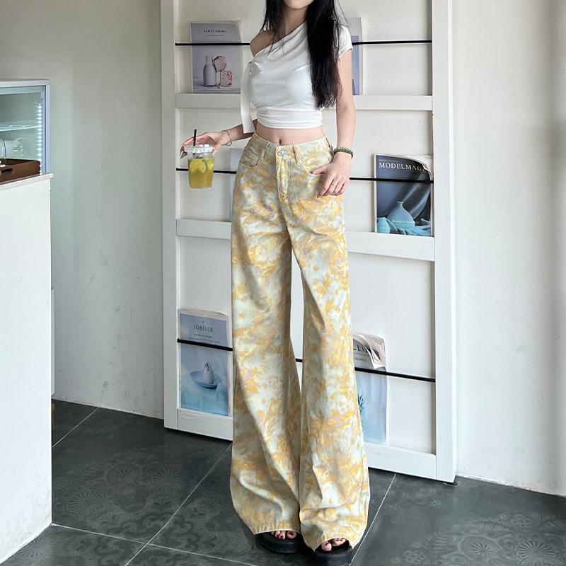 美式复古扎染阔腿牛仔裤男女款