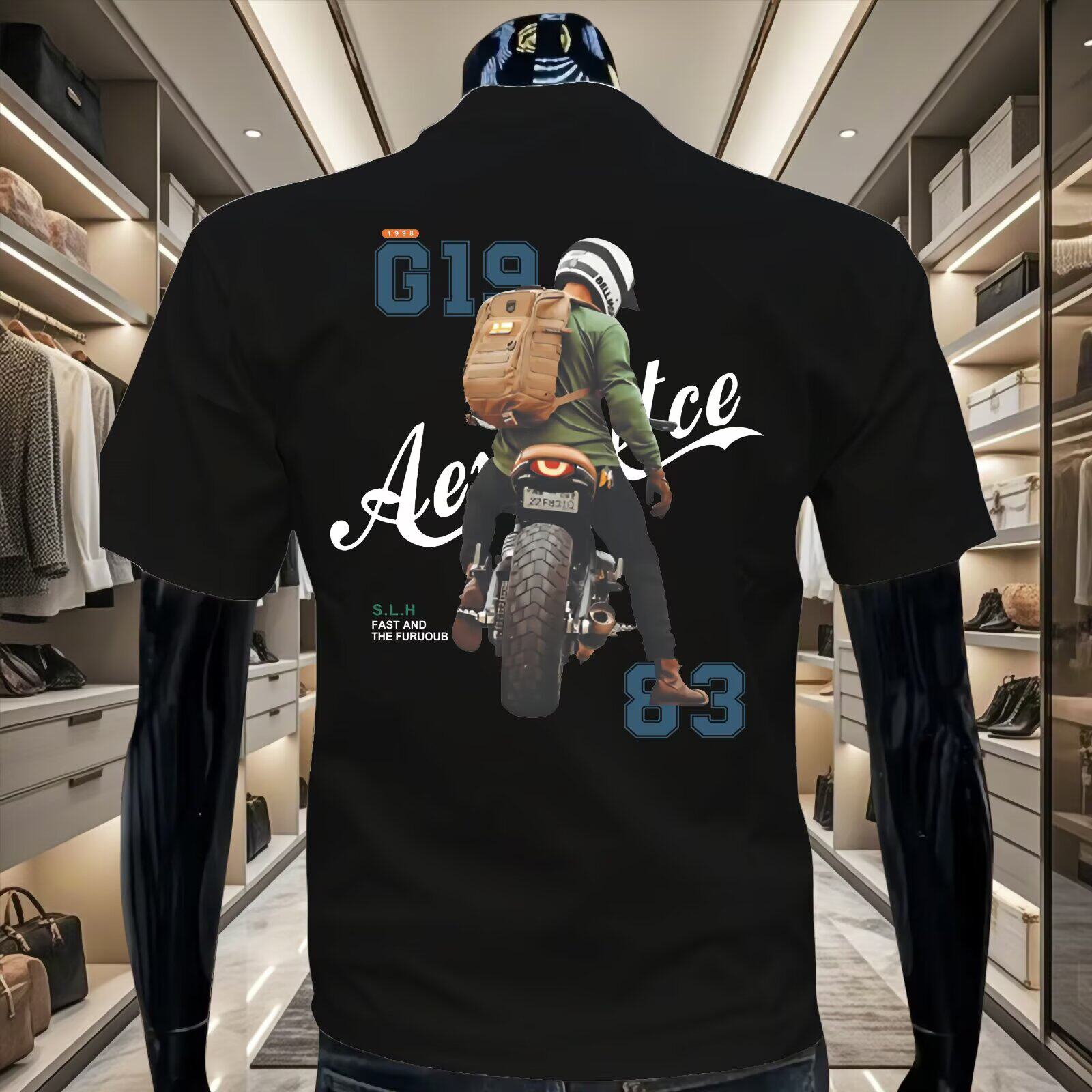 美式复古摩托机车图案印花短袖t恤男夏季新款潮牌ins个性半袖体恤