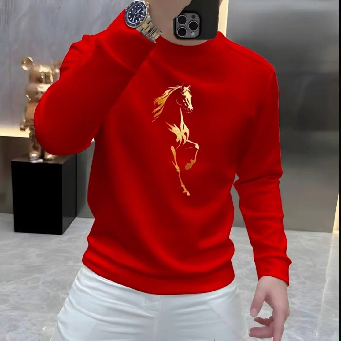 2026春秋新款男士红色骏马印花卫衣外套圆领长袖设计感本命年上衣,男装,卫衣,淘宝优惠券,粉丝福利购,淘宝优惠卷