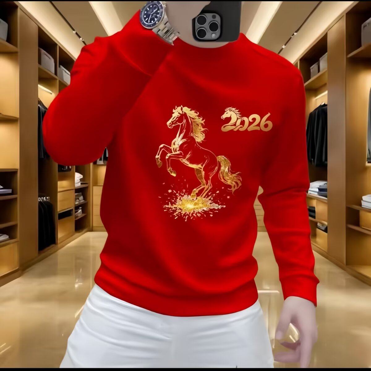 国潮风2026骏马印花卫衣外套男本命年红色圆领长袖潮流百搭上衣服,男装,卫衣,淘宝优惠券,粉丝福利购,淘宝优惠卷