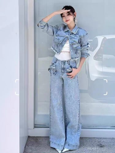 现货发南油高版本特价清2026早春新款蝴蝶结装饰牛仔套装