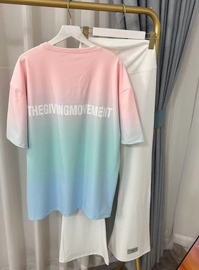 TGM 夏季新款渐变色宽松休闲运动印花短袖T恤+喇叭裤女士休闲套装