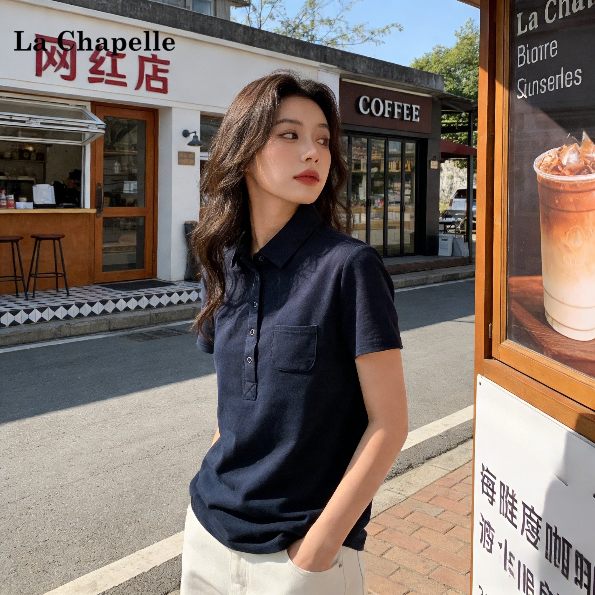 拉夏贝尔美式复古藏青色翻领短袖T恤女2026新款修身显瘦高级上衣,女装/女士精品,T恤,淘宝优惠券,粉丝福利购,淘宝优惠卷