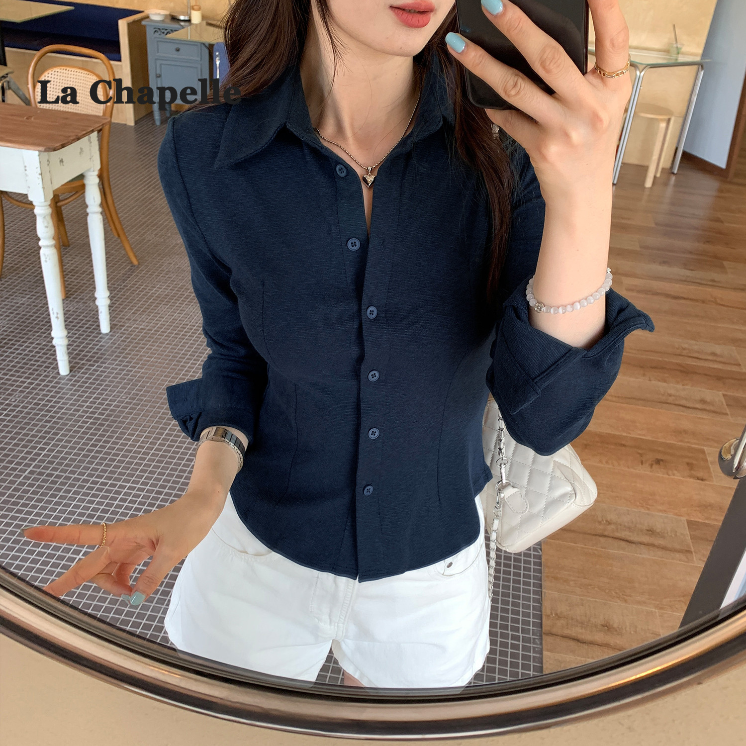 拉夏贝尔复古翻领长袖衬衫女秋款