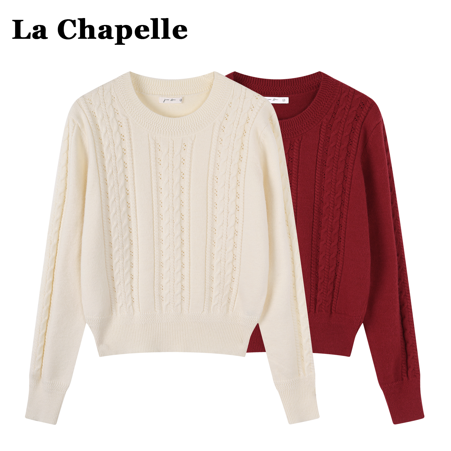 拉夏贝尔奶白色圆领绒感毛衣女冬季新款温柔气质麻花长袖针织上衣