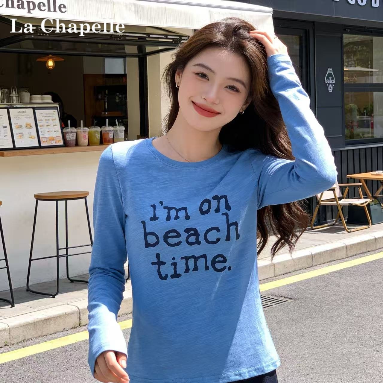 拉夏贝尔设计感字母印花长袖内搭打底衫女早春2026新款修身上衣女,女装/女士精品,T恤,淘宝优惠券,粉丝福利购,淘宝优惠卷