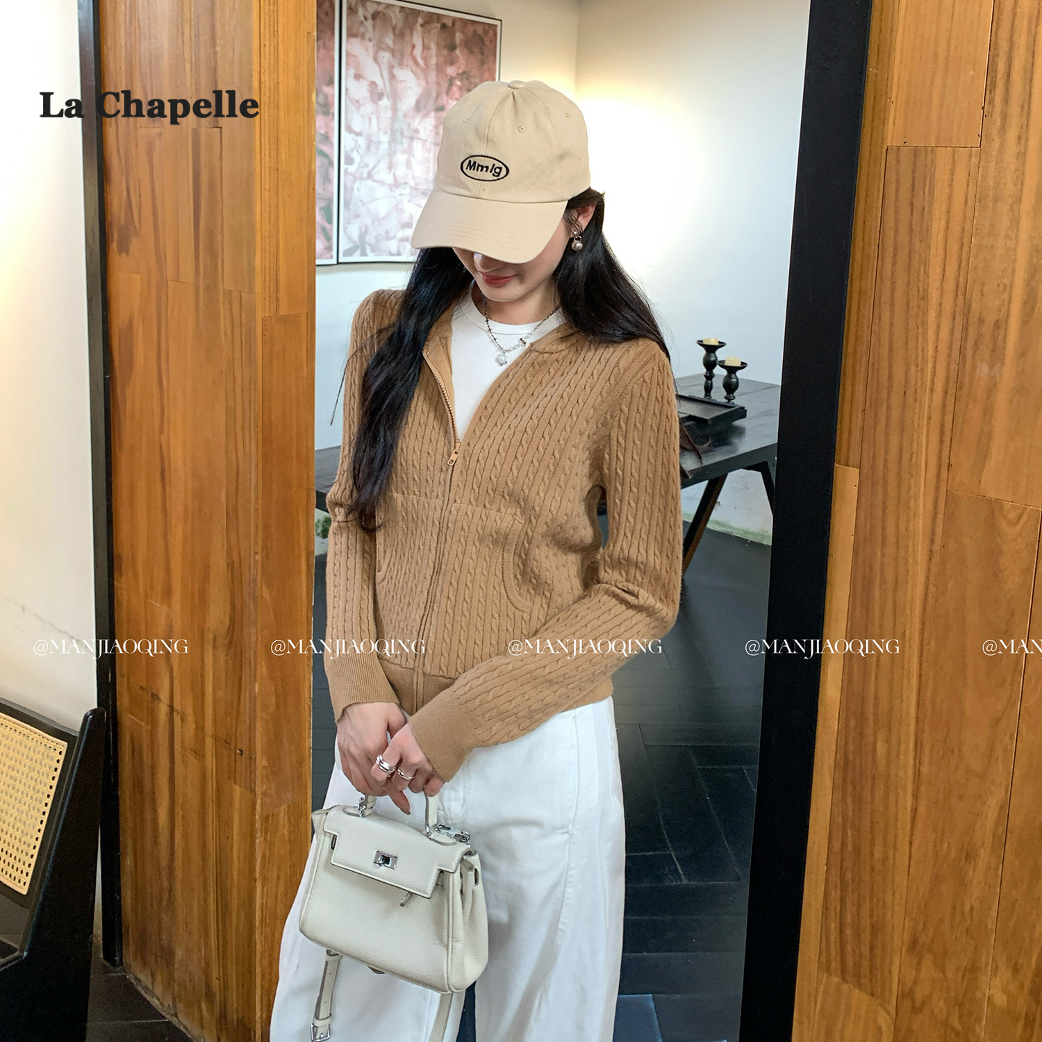 拉夏贝尔韩系高级感麻花连帽针织开衫女秋冬款独特超好看毛衣外套