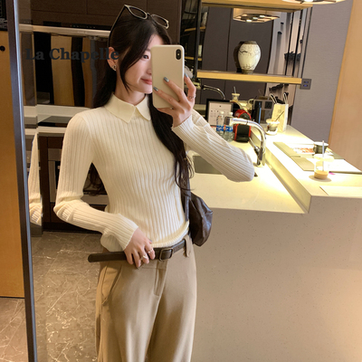 拉夏贝尔翻领修身内搭打底针织衫