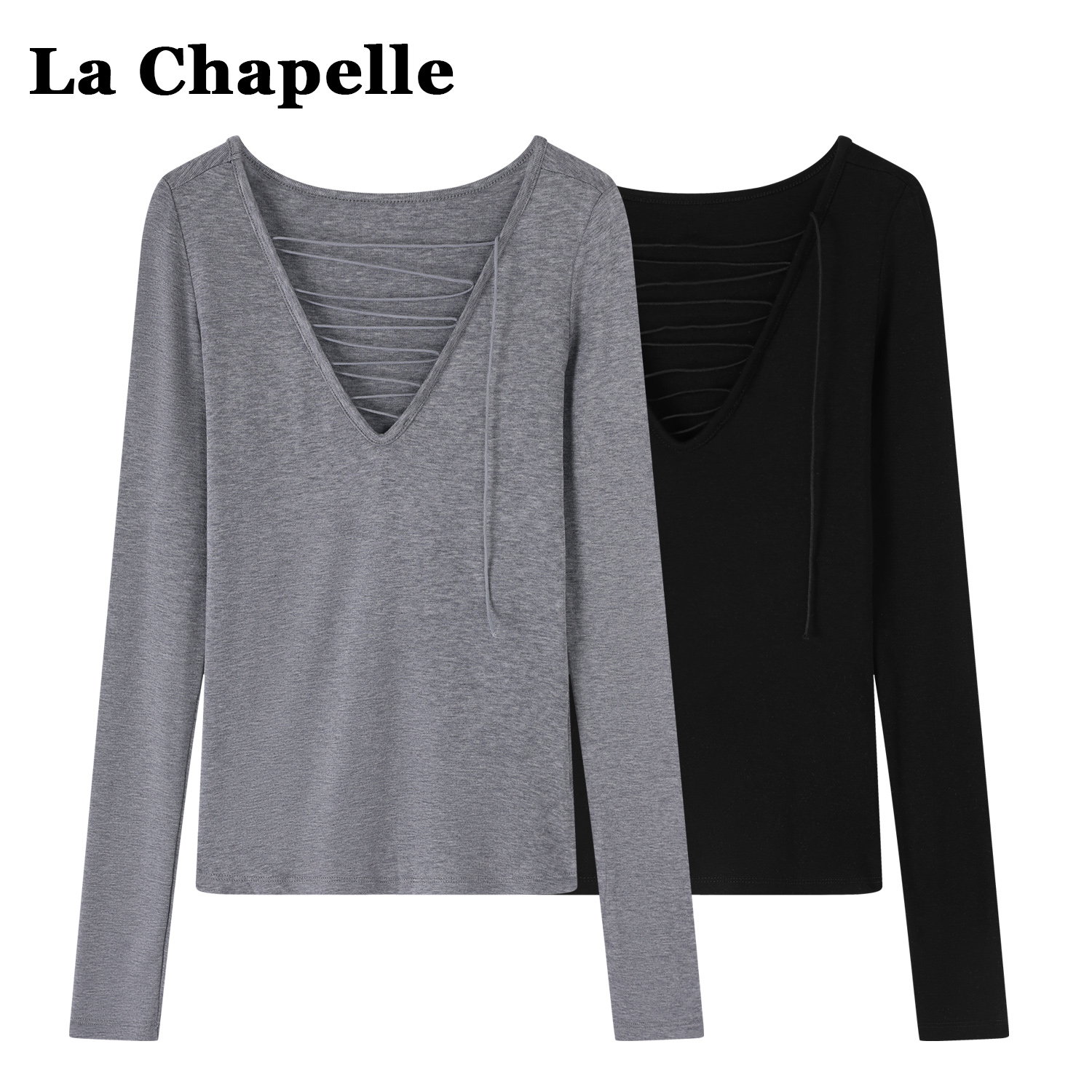 拉夏贝尔简约气质修身V领长袖T恤