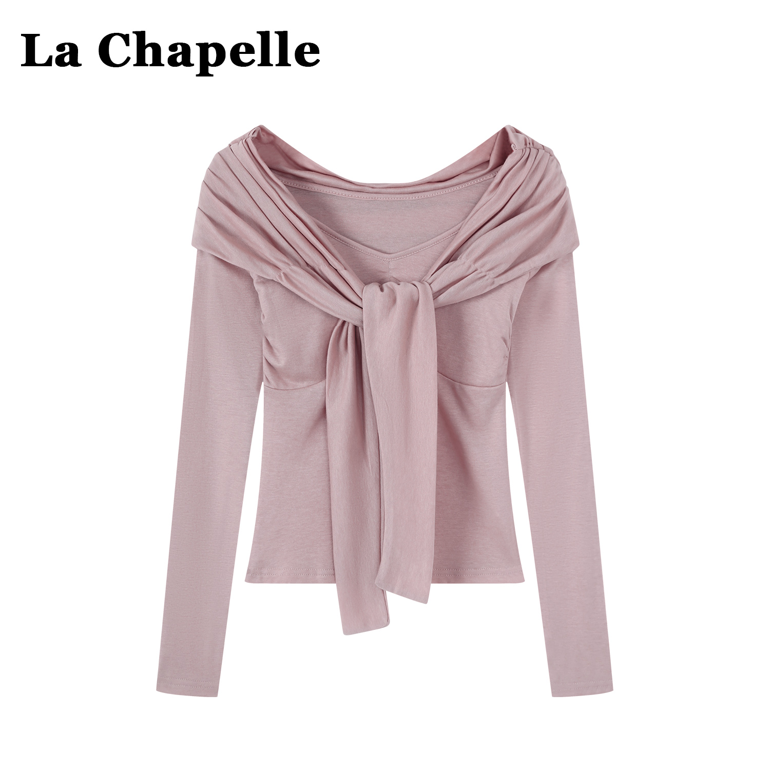 拉夏贝尔纯色披肩一字肩上衣女秋季长袖修身显瘦褶皱打底衫T恤女