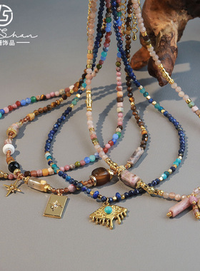 彩色新款天然石波西米亚风项链小众手工高级感合金吊坠锁骨链批发