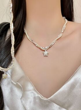 碎银子小米珠双层缠绕珍珠笑脸星星项链女轻奢小众百搭时尚锁骨链