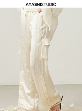 AYASHI【琅玕】进口纯醋酸树枝肌理褶皱立裁工装感两穿口袋直筒裤