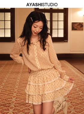 AYASHI原创翻领荷叶边短款进口提花雪纺早秋衬衫连衣裙设计师新款