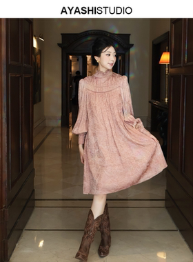 AYASHI【暮云】定制植物提花重工灯笼袖褶皱设计感高领垂荡连衣裙