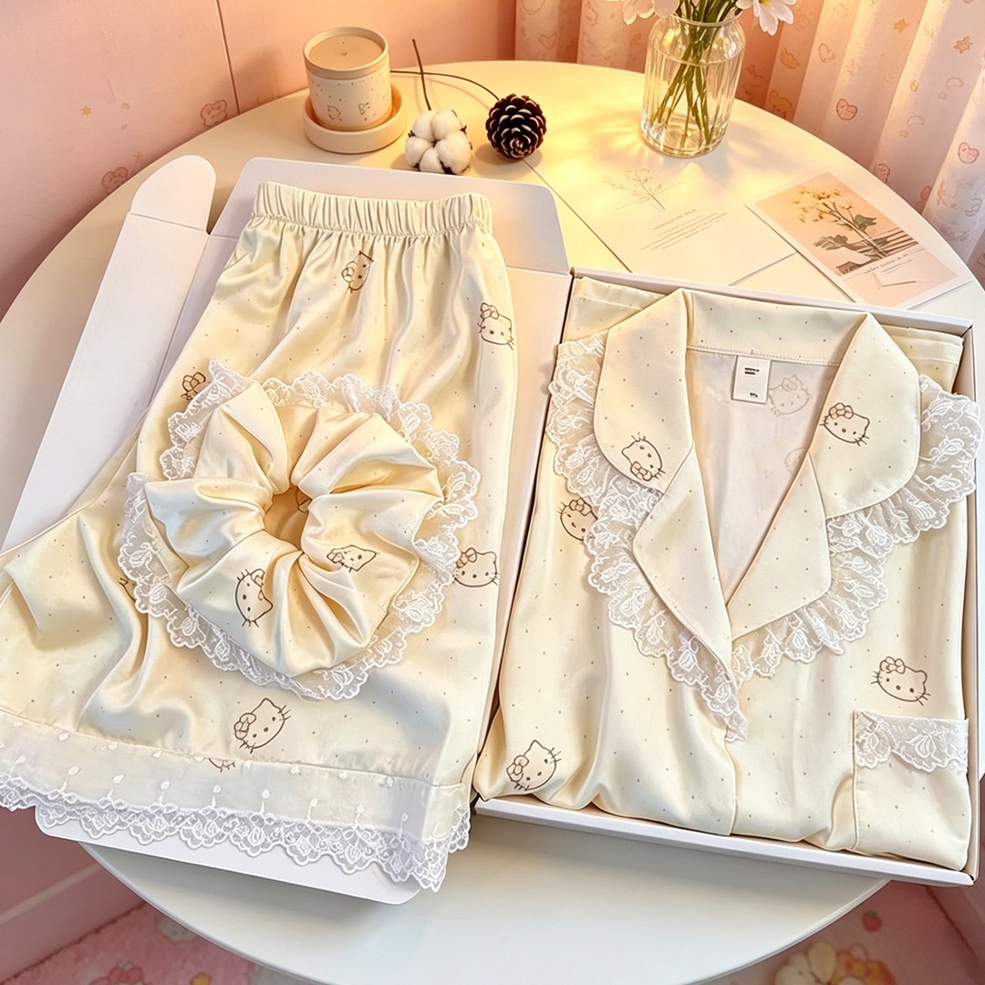 可爱Kitty猫睡衣女春夏季长袖家居服送闺蜜生日惊喜礼物冰丝礼盒