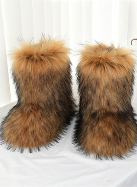 毛毛长筒靴加绒可爱仿貉子狐狸25cm高筒涩谷辣妹y2k欧美雪地靴女