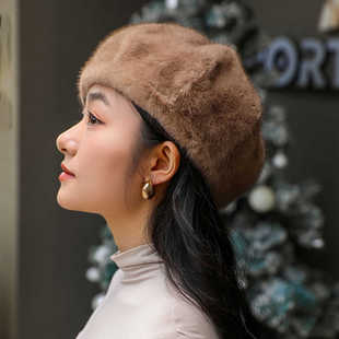 贝雷帽仿水貂毛妈妈护耳皮草帽大头围欧貂绒百搭软棉帽女士八角帽