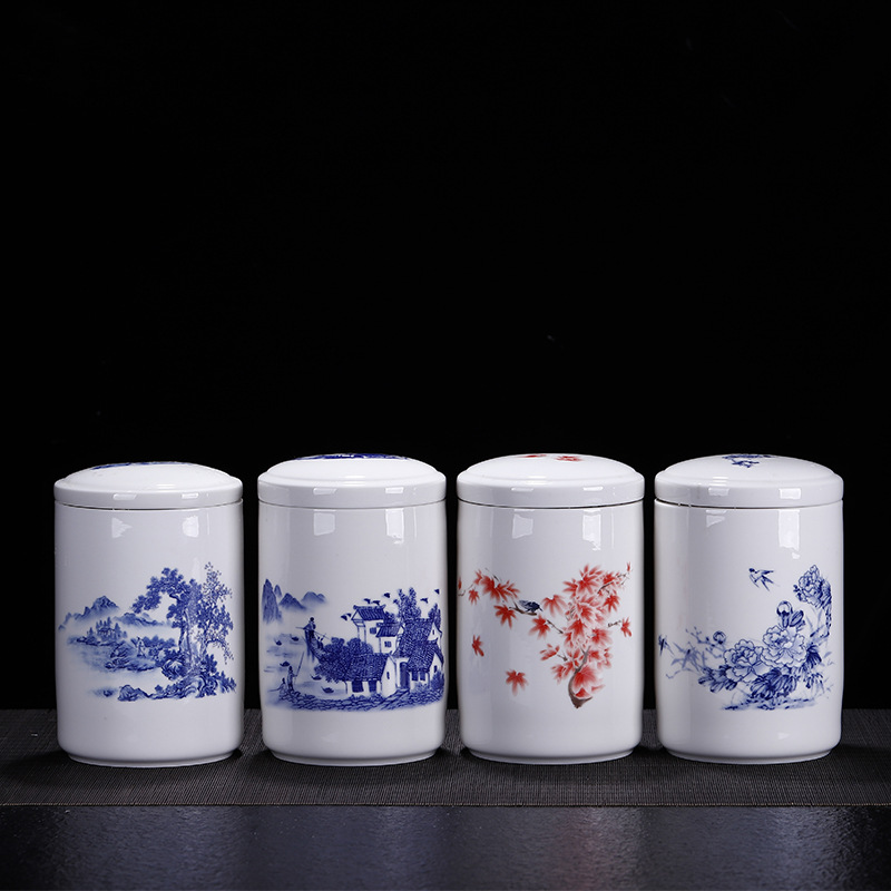 茶叶罐陶瓷大号直桶密封罐青花瓷储物罐茶饼普洱醒茶罐存粮罐粉罐