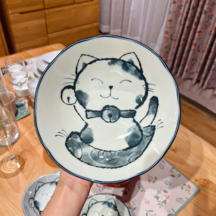 日本进口陶瓷餐具釉下彩招财猫面碗成人米饭碗家用料碟圆形深菜盘