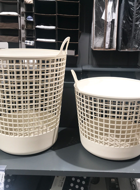 出口韩国同款 简约风PP材质米白色带盖带把手杂物收纳桶 脏衣篮