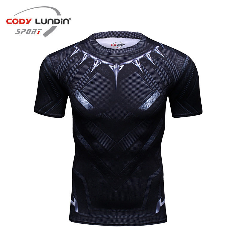 跨境新款运动紧身衣 短袖T恤 跑步运动健身服 个性3D印花黑色男士