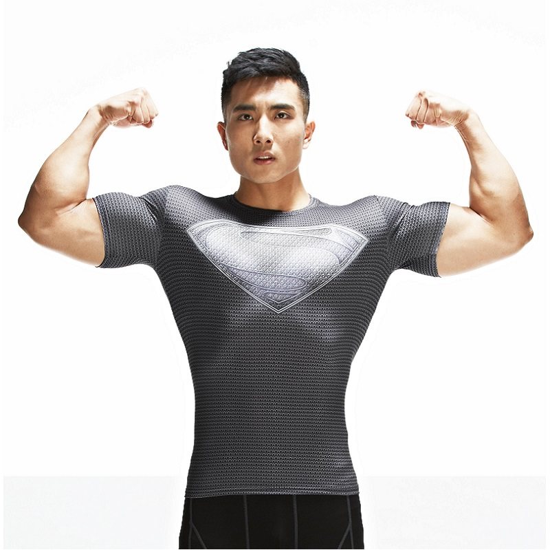 健身超人紧身衣服体T恤运动高弹力男运动肌肉短袖速干跑步休闲灰