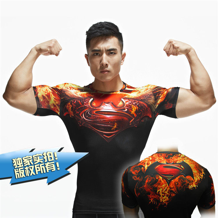 蝙蝠侠大战超人正义黎明 T恤健身弹力紧身衣修身运动 男短袖包邮