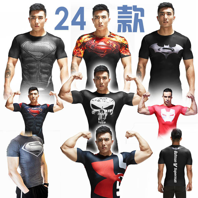 蝙蝠侠超人美国队长英雄体T恤服弹力健紧身衣运动男速干圆领短袖