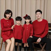 亲子红色毛衣一家三口四口全家福亲子装 裙子 母子父子母女秋冬长袖