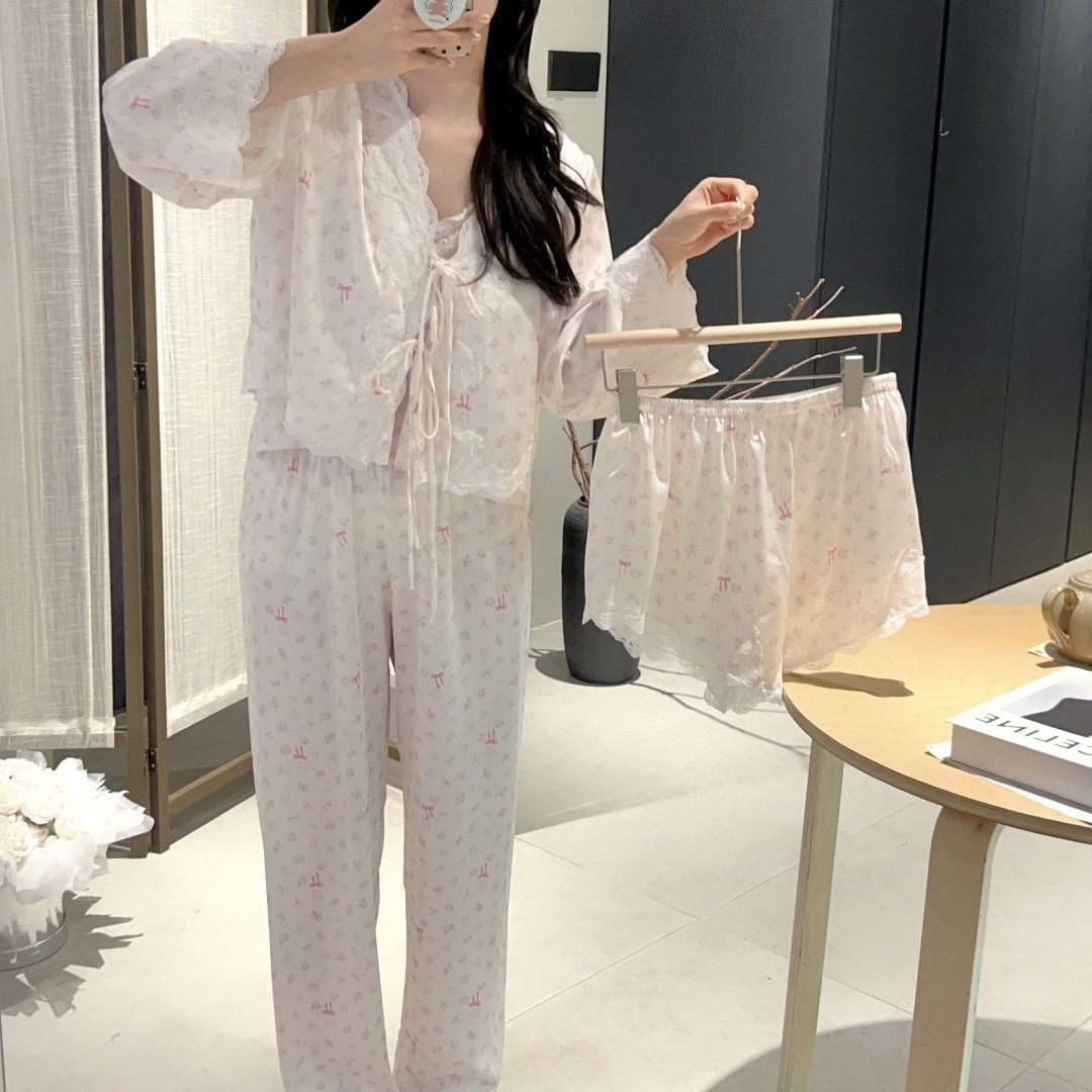 夏季凉感蕾丝吊带睡衣四件套