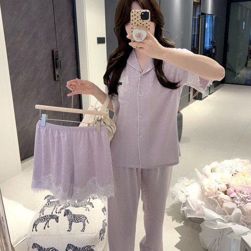 蕾丝豹纹夏季薄款女三件套家居服