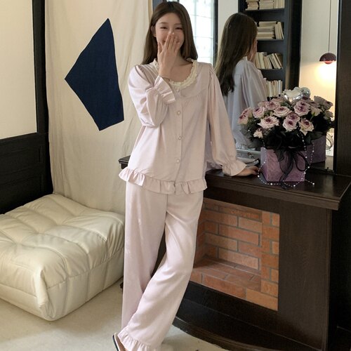 半眠pyjamas新款娃娃领花边睡衣