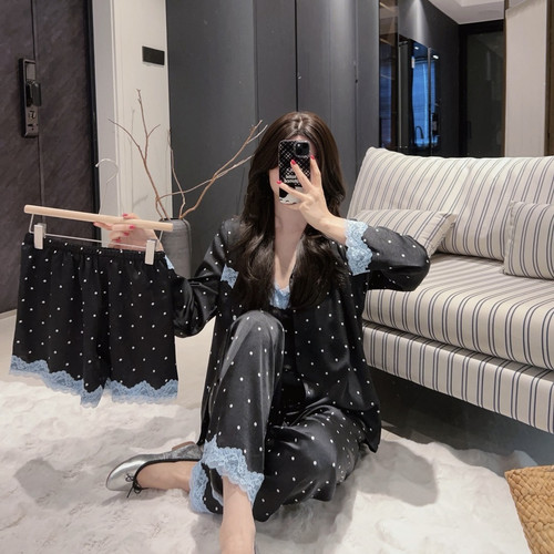 半眠Pyjamas轻奢睡衣女蕾丝波点法式吊带睡衣氛围感家居服多件套