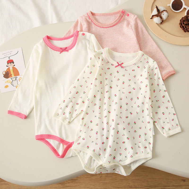 日系3件装婴儿纯棉连体衣女宝长袖包屁衣睡衣爬服三角哈衣衣服a类