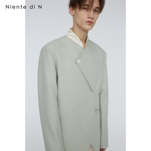 简约垫肩西装 Niente 绸缎拼领交叉缝线西服男个性 N原创设计 夏