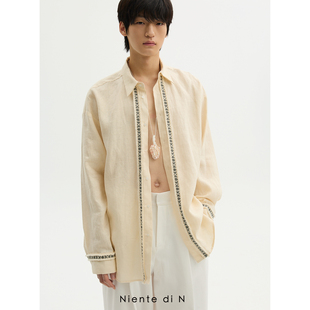 度假感亚麻淡黄宽松花边衬衫 Niente