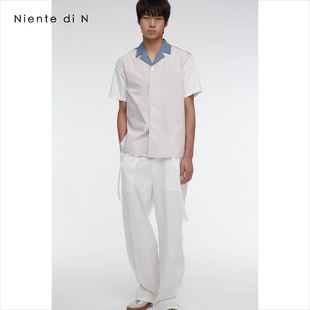 幽兰樱花粉中性拼接衬衫 Niente 原创设计 拼色休闲衬衣男薄