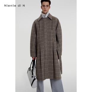 原创设计棕格子轻奢简约风插肩袖 折缝毛呢大衣秋冬男 Niente