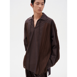 熟褐翻领拼接落肩褶皱衬衫 Niente