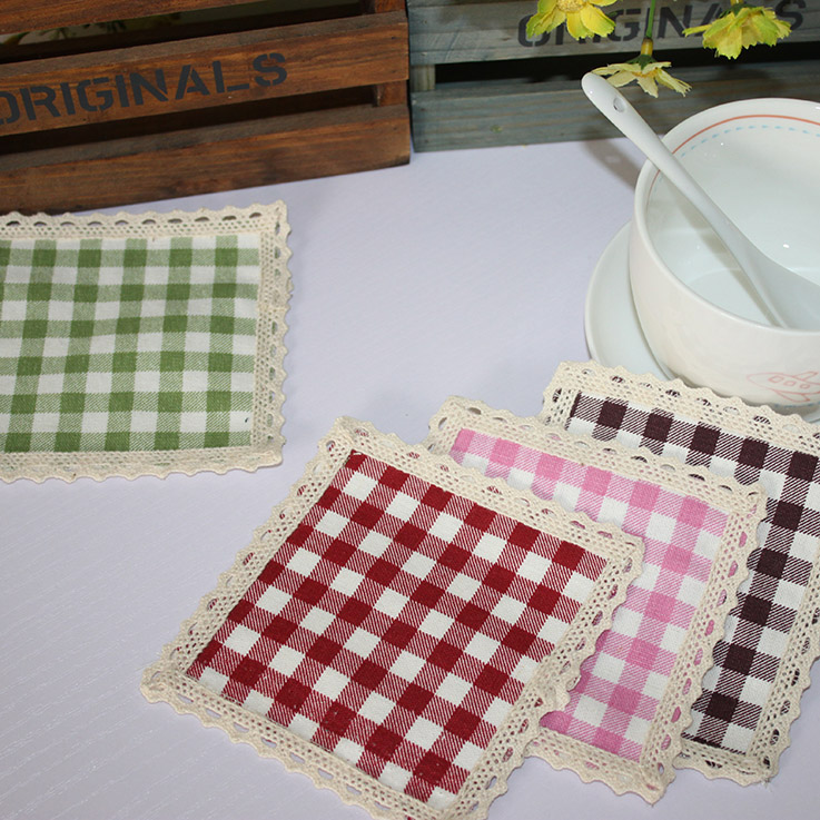韩式ZAKKA田园自然水玉格子棉麻布双层防烫杯垫托盘垫带花边