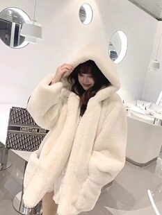 秋冬新款毛茸茸皮草外套女中长款宽松加厚保暖仿兔毛连帽大衣棉服