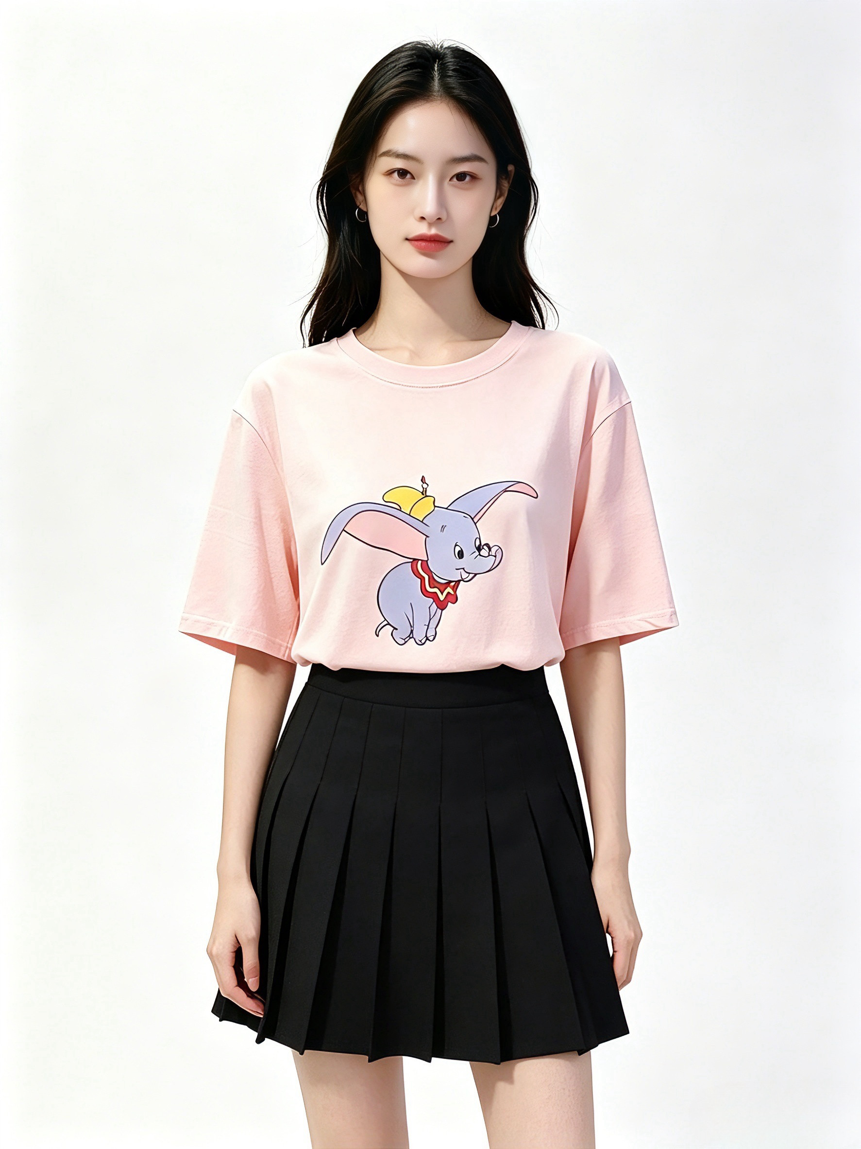 粉色小飞象正肩T恤女夏季新款纯棉宽松显瘦减龄卡通印花短袖上衣