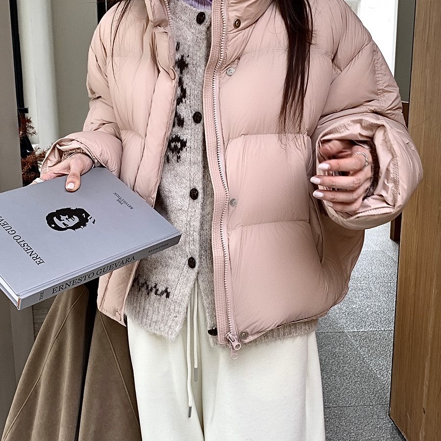 粉色立领羽绒服女2025冬季新款韩版90白鸭绒保暖面包服外套