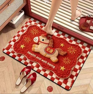 卡通马年红色入户门地垫新款 喜庆除尘耐磨脚垫大门口地毯工厂冲量