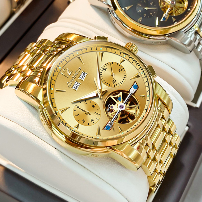 瑞士认证金仕盾镂空男士18k手表