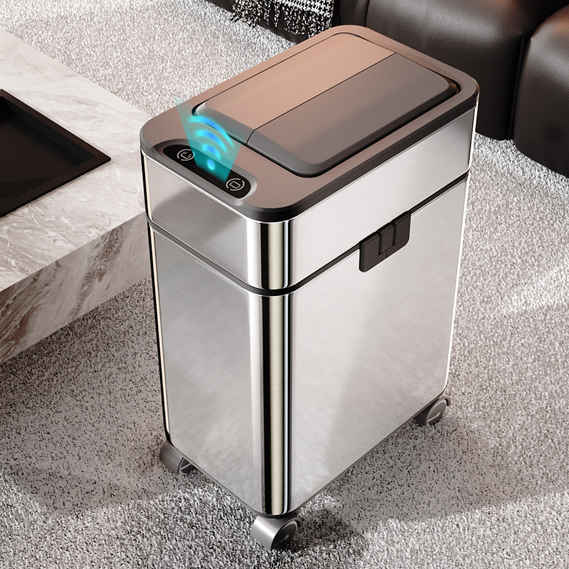 客厅垃圾桶家用2025新款带轮可移动自动打包智能感应式不锈钢带盖