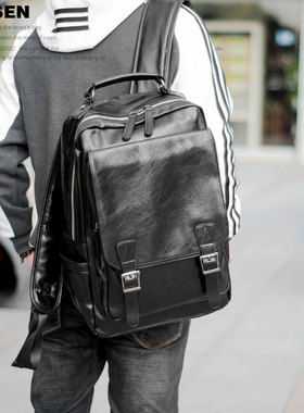 左森双肩包男背包男韩版潮旅行电脑男包PU时尚潮流皮质休闲书包男